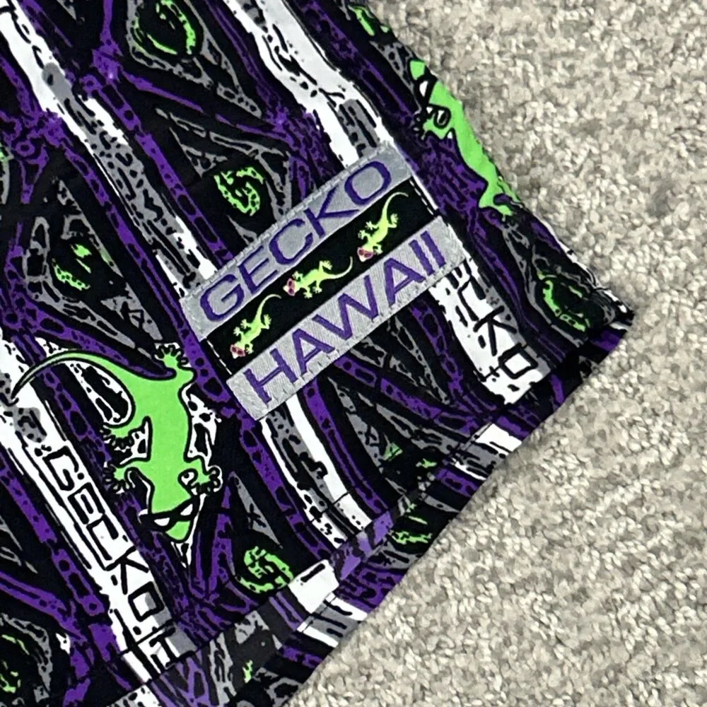 Gecko Hawaii Swim Trunks Mens XL Mesh Lined Shorts Black Purple Green Pockets